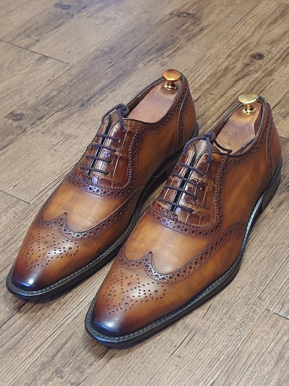 Belvedere Alligator Men’s Oxford 11B Brown Burnished Leather Dress Shoe
